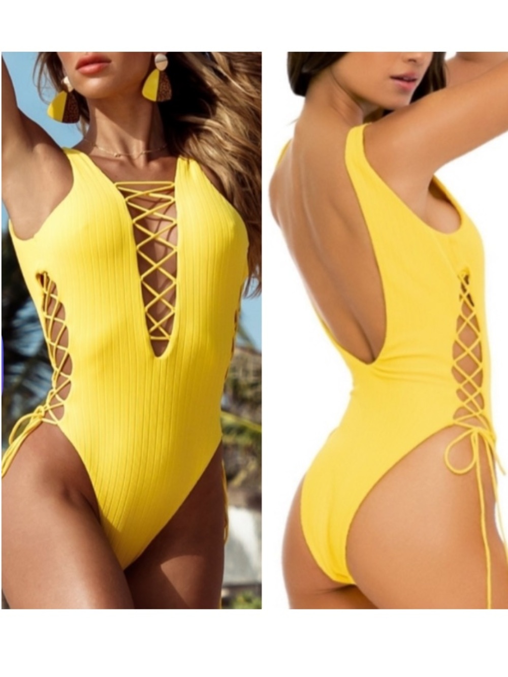 Luli Fama Pura Curiosidad Open Side One Piece Ribbed Swimsuit Yellow Lace Up  M